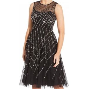 Aidan Mattox Embellished Sequin Fit & Flare Cocktail Dress Black & Silver Size 0